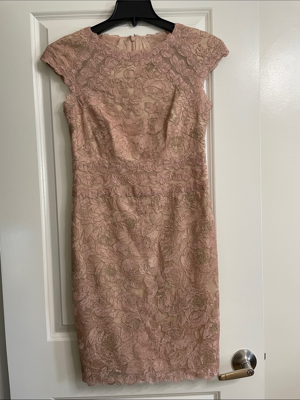 Tadashi Shoji Lace Sheath Dress Blush Pink Gold Size 8 Cocktail Wedding Formal